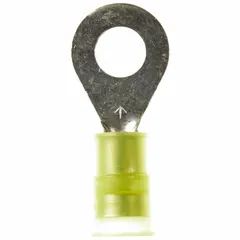 Yellow nylon-insulated ring terminal rated for 1000 V. Accepts 12 AWG to 10 AWG wire with a 1/4 in stud size. Used for secure electrical connections in control panels, machinery, and power distribution.