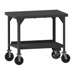 Fully assembled mobile worktable with a 48 x 30 inch powder-coated steel top and fixed height. Features phenolic casters with plate mounts for mobility and includes two drawer mounting brackets. Overall load capacity of 5,600 lb. Suitable for heavy-duty industrial assembly, maintenance, and material handling tasks in workshops, warehouses, and manufacturing floors.