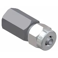 Steel compression fitting coupling with 5/8 in OD compression end and FNPT threaded end. Used in buriable gas piping systems to connect tubing to threaded pipe, providing a leak-tight seal.