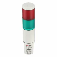 Two-tier tower light assembly with red and green light tiers for visual status indication. Operates at 120V AC and has an overall height of 9 13/16 inches. No sounder tier included. Used in industrial environments to signal machine states, process conditions, or alarm statuses.