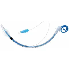 This sterile, disposable endotracheal tube is made of white PVC and features a 6 mm cuffed size. It is used to secure a patient's airway during anesthesia, emergency care, or mechanical ventilation, with the cuff helping to seal the trachea and prevent aspiration.
