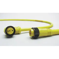 Single-ended cordset with a yellow PVC jacket for flexing applications. Features a 7/8"-16 female right angle connector to bare wire, 4 pins, 16 AWG wire, and 20 ft cable length. Rated IP67 and NEMA 6P for use in wet or harsh environments. Suitable for connecting sensors, actuators, and other industrial automation devices.