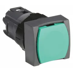 Momentary flush-mount push-button operator from the XB6 series. Features a green non-metallic actuator with 16 mm mounting diameter. Suitable for control panel applications requiring momentary contact actuation.