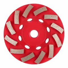 This 4-inch diameter turbo cup grinding wheel from the Diamond Max series features 12 diamond segments for aggressive material removal on concrete, masonry, and stone. The 5/8"-11 arbor fits compatible angle grinders. Suitable for grinding, shaping, and surface preparation in construction and maintenance tasks.