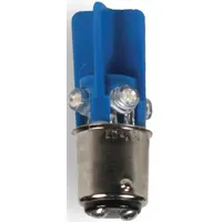 This LED lamp features a BA15d double-contact bayonet base and a T3-1/4 tubular bulb shape. It operates at 120V AC and emits blue light. Designed for industrial signaling applications such as panel indicators, warning lights, and status annunciators