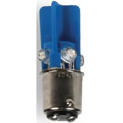 This LED lamp features a BA15d double-contact bayonet base and a T3-1/4 tubular bulb shape. It operates at 120V AC and emits blue light. Designed for industrial signaling applications such as panel indicators, warning lights, and status annunciators.