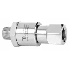 This nickel-plated C38500 brass rotating joint is designed for air service, with a single passage and a 1/4 in stationary port. It operates at a maximum speed of 30 RPM, suitable for transferring air from a stationary supply line into rotating machinery such as indexing tables, reels, or air-actuated clutches.