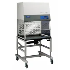 Unassembled ductless fume hood with 5 ft width, 4 3/4 ft height, and 35 1/2 in depth. Recirculates filtered air, eliminating ductwork. Blower, base/stand, and work surface not included and required separately. Used for containing hazardous fumes, vapors, or particulates in laboratory settings.