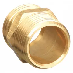 Rigid male x male adapter for connecting 3/4 in GHT garden hose to 3/4 in NPT threaded fittings. 33 mm overall length. Used in water supply, irrigation, and plumbing systems requiring a transition between hose and pipe threads.