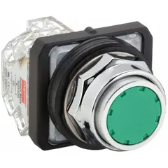 This flush-mount push button features a metallic operator with a 30 mm profile and momentary action. It provides one normally open and one normally closed contact, terminated via pressure plate connections. Suitable for industrial control panel applications requiring a durable, flush-mounted interface for machine control functions.