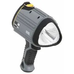 This plastic flood-beam spotlight provides a maximum beam distance of 430 meters. It operates for 9.74 hours at maximum brightness. Suitable for wide-area illumination in industrial and outdoor settings.