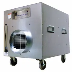 Particulate filtration unit with steel construction. Provides maximum airflow of 2,000 cfm and covers up to 3,938 sq ft. Includes an air filter. Used for airborne dust and debris removal in industrial and commercial spaces.