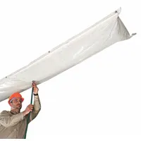 This leak diverter channels overhead drips from pipe condensation or roof leaks to a collection point, protecting floors and equipment. Made of clear polyester/PVC, it measures 10 ft long by 16 in wide and mounts with straps