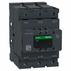 This SCHNEIDER non-reversing IEC contactor features 3 poles with 3 normally open contacts, rated for 115 A. The coil operates at 120V AC/240V AC and includes integrated surge suppression. It is used for switching and controlling electrical loads such as motors, lighting, and heating systems in industrial control applications.