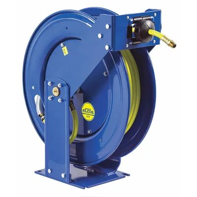 COXREELS Spring Return Hose Reel: 75 ft (1/2 in I.D.), 1/2 in MNPT, 300 psi Max Op Pressure - High-Visibility Truck-Mount Controlled-Retraction Air or Water Spring-Return Hose Reels