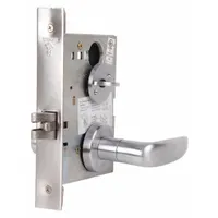 Privacy lever lockset for interior doors requiring locking from inside, such as bathrooms or bedrooms. Features a locked/unlocked visual indicator. L Athens style with satin chromium-plated forged brass finish. ANSI function F22. Not ADA compliant or ligature-resistant