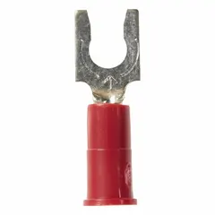 Red vinyl insulated locking fork terminal with funnel-entry barrel. Accommodates #8 stud size and 22 to 18 AWG wire. Rated for 1000 V. Suitable for electrical connections in control panels, machinery, and power distribution.