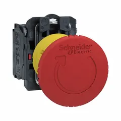Mushroom-head push button with maintained action, suitable for emergency stop applications in industrial control panels. Non-metallic construction with 22 mm mounting diameter. Part of the XB5 series.