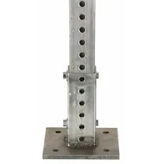 Steel surface mount anchor for securing 2 in x 2 in square sign posts to concrete. Measures 6 in length with 4 anchor holes. No breakaway feature. Suitable for mounting traffic signs, parking lot markers, and wayfinding signs.