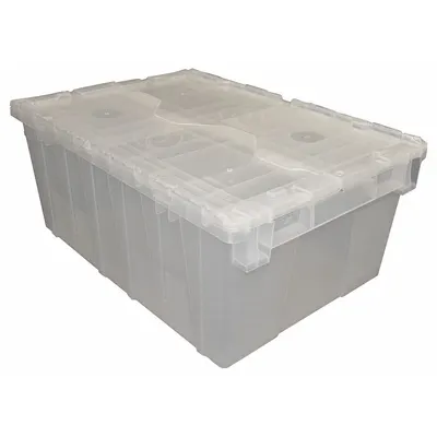 ORBIS Attached Lid Tote: 9.7 gal, 21 7/8 in x 15 1/4 in x 9 in, Clear Body, Clear Lid - Clearview Attached-Lid Totes with Two-Piece Lids