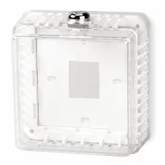 This plastic thermostat guard features a clear snap-on cover and a ring base, allowing easy viewing of thermostat settings while providing protection. It includes a lock and key to prevent unauthorized adjustments. Inside dimensions are 4-5/16 in H x 4-1/4 in W x 2-1/2 in D; outside dimensions are 5-3/16 in H x 5-3/16 in W x 2-5/8 in D. Suitable for use in commercial and industrial HVAC applications.