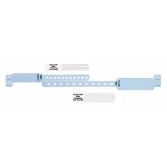 Blue vinyl security wristband with no pre-printed legend. Each wristband measures 9 3/8 inches overall length and 1 1/4 inches overall width. Supplied in a 300-pack. Suitable for temporary identification and access control applications.