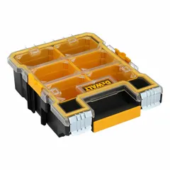 This plastic tool organizer box features a hinged lid for secure storage and transport of hand tools, power tool accessories, and small parts. Its compact dimensions allow integration into larger tool storage systems for job site or workshop organization.