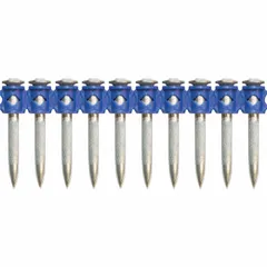 Pack of 100 pins for powder-actuated tools, 1 inch overall length. Features an 8 mm head diameter and 5/32 inch shank diameter. Used for fastening materials to concrete, steel, or masonry in construction and industrial applications.