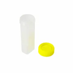 Staining jar made of polypropylene copolymer, 98 mm in height and 30 mm in width. Designed for holding and processing microscope slides in laboratory staining procedures.