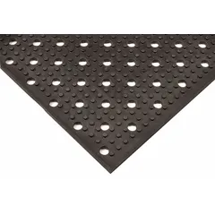 This 3 ft x 8 ft drainage mat is made of natural rubber with a raised-nub surface for slip resistance and drainage. It is 3/8 in thick, reversible, and features antimicrobial protection to resist bacteria and moisture. Suitable for use in industrial workstations, kitchens, and assembly lines where comfort and hygiene are required.
