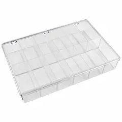 Clear plastic compartmented box with 12 fixed compartments, each measuring 8-1/2 in x 2-1/8 in. Overall dimensions 12-3/4 in x 8-1/2 in x 2-1/8 in. Not electrostatic discharge conductive. Suitable for organizing and storing small components in workshops, labs, or assembly areas.
