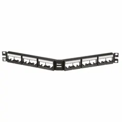 This 1 RU, 24-port angled patch panel is constructed from steel and provides front access for unshielded cabling. It features unnumbered label pockets and accepts Panduit Mini-Com Modules. Suitable for organizing and terminating copper cabling in network racks and structured cabling installations.