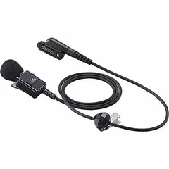Black tie-clip microphone with push-to-talk function. Features a 39-inch cord and 2.5 mm jack. Connects via 14-pin multifunction connector. Compatible with ICOM F52D, F62D, IP730D, and IP740D series radios.