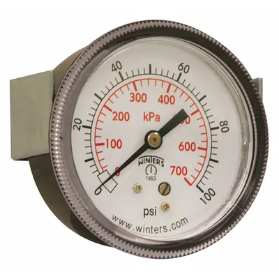 WINTERS Panel-Mount Pressure Gauge: U-Clamp, 0 psi to 100 psi, 2 1/2 in Dial, 1/4 in NPT Male - U-Clamp Panel-Mount with Brass/Bronze Wetted Parts