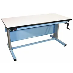 This open-base workstation features a blue laminate top measuring 60 inches by 30 inches, with an overall load capacity of 330 lb. Suitable for light to medium-duty tasks such as assembly, inspection, and packaging in industrial environments.