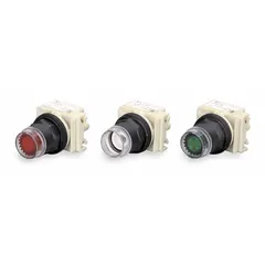 Momentary illuminated flush-mount push-button operator from the 9001SK series. Features a non-metallic push button material. Suitable for use as a control interface in industrial panels and machinery.