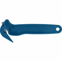 Disposable single-hook safety cutter with a 6 1/2-inch overall length. Features a straight handle with textured grip and a carbon steel blade. Designed for cutting film, shrink wrap, and packaging materials in industrial and warehouse settings.