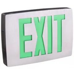 Aluminum LED exit sign with two illuminated faces, green text, and universal field-selectable chevrons. Operates on 120/277 V AC and includes a nickel cadmium emergency battery backup. Black housing, ceiling mount. Suitable for commercial egress pathways requiring code-compliant exit signage.