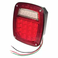 Red square LED stop light with stud mount and blunt cut wires for permanent installation. Complies with FMVSS 108 standards. Overall height 6 3/4 in, width 5 3/4 in. Used on trucks, trailers, and heavy equipment for brake and turn signaling