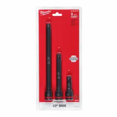 This impact socket extension set from MILWAUKEE features a 1/2 in input and output drive size with a black oxide finish. Designed for use with impact wrenches and ratchets, it extends reach in fastening applications such as automotive repair, construction, and industrial maintenance.