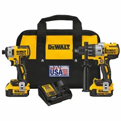 This 20V MAX* cordless combination kit includes a hammer drill and an impact driver, both powered by the same 20V DC battery system. The hammer drill provides drilling and hammer drilling capabilities for masonry and other materials, while the impact driver delivers high torque for driving screws and bolts. Suitable for construction, renovation, and maintenance tasks requiring drilling and fastening.