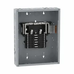 Convertible main lug load center rated 125A, 120/240V AC, 1-phase, with a 65kA short-circuit current rating. Features 12 spaces and supports up to 12 tandem breakers. Plug-on neutral design for simplified wiring. For indoor use; enclosure cover ordered separately.