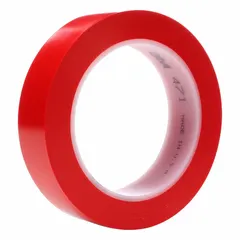 Solid red vinyl tape for basic aisle marking and hazard identification in industrial environments. Measures 1 in x 108 ft with a 5.2 mil thickness. No message legend. Suitable for marking safety zones, walkways, and restricted areas.