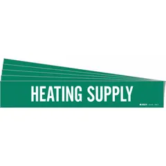 Green adhesive pipe marker with white 'Heating Supply' legend, without arrows. Fits pipe outer diameters from 2-1/2 to 7-7/8 inches. Pack of 5. Used to identify heating supply lines in piping systems.