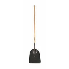 Standard scoop shovel made from aluminum-bronze alloy with a yellow finish. Features a 14-inch blade width and 2 ribs. Designed for non-sparking operation in environments where spark prevention is critical, such as handling combustible materials.