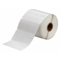 Vinyl wraparound label in white matte finish, measuring 1 7/16 in x 1 in. Designed for wire identification on 10 AWG to 4 AWG wire gauge. Compatible with BBP11 printer series and requires R4313 ribbon. Used in industrial electrical and panel building applications for clear marking of cables and wires.