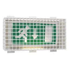 This wire guard is designed to protect emergency light fixtures from physical damage and vandalism. It measures 8 1/2 inches in height, 17 3/4 inches in width, and 5 1/2 inches in depth. Compatible with manufacturer model STI 9649.