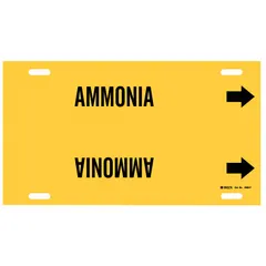 Strap-on pipe marker for ammonia piping identification. Fits pipe outer diameters from 6 to 7-7/8 inches. Includes directional arrows to indicate flow direction. Suitable for industrial ammonia service applications.