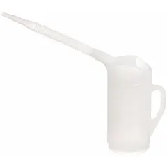 Translucent measuring container with flexible pour spout for fluid measurement and transfer. Overall height 9 1/2 in, diameter 5 in. Suitable for dispensing oils, coolants, and other workshop fluids.