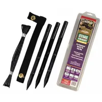This tree stake kit includes 15-inch plastic stakes in black, designed to support young trees during early growth. The stakes help stabilize the trunk against wind and settling, promoting straight development in landscaping and nursery applications